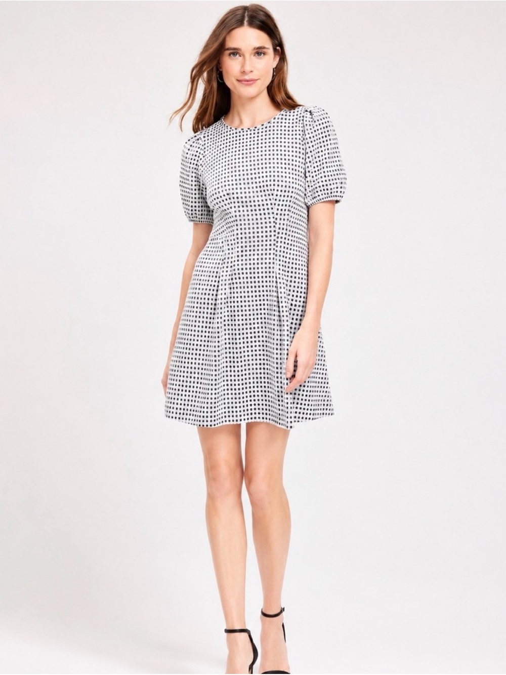 LOFT Gray Gingham Puff Sleeve Mini Dress